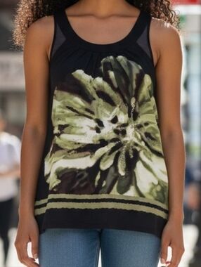 Style & Co. Black Tank -  Olive Floral Print   4359